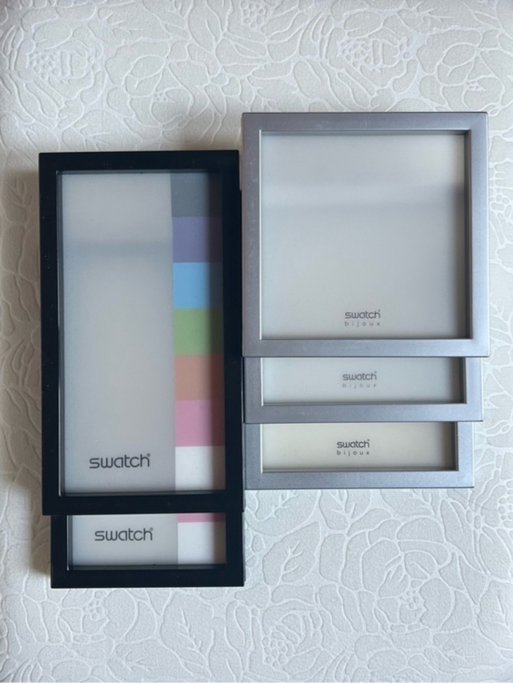 SWATCH Plastic Jewelry Boxes, Silver and Black, Set of 5